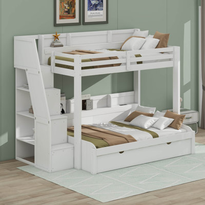 Structure de lit simple superposé avec lit gigogne et escalier de rangement, lit plateforme en bois avec tablettes de rangement, garde-corps et station de charge