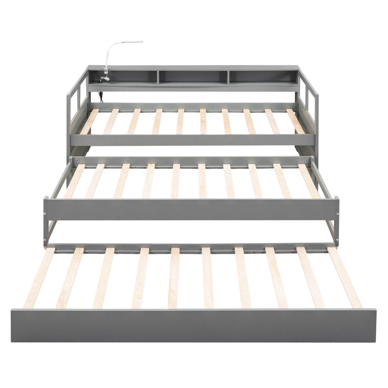 Wood Daybed With 2 Trundles, Gray
