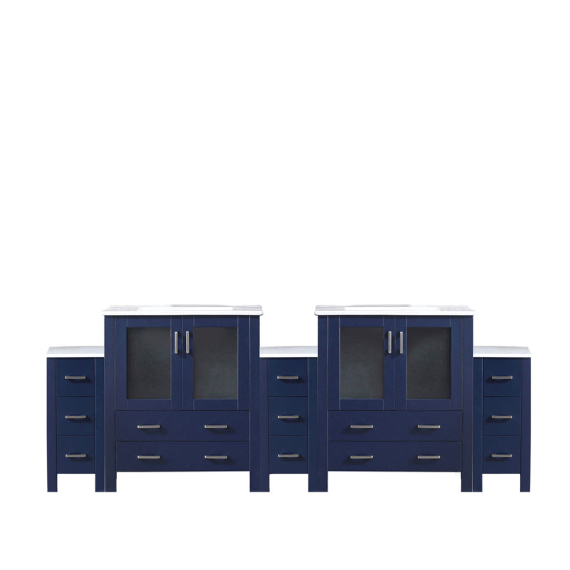 Meuble-lavabo double bleu marine 96 po En largeur et profondeur de 18,25 po, plateau en céramique blanche, structure en bois massif, tiroir à fermeture en douceur, 2 armoires intérieures pour la gestion du rangement, comptoir à teinture,