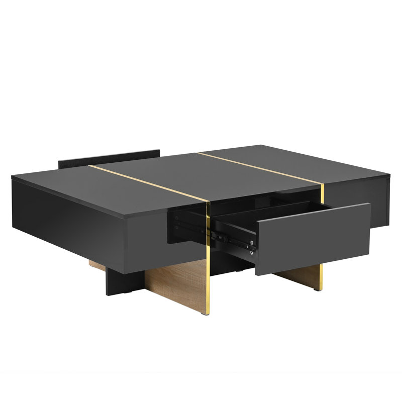 Table basse 47,2 "X 31,4" avec 2 tiroirs, placage noir ultrabrillant, pieds dorés, salon contemporain minimaliste 47,2 "31,4" et décoration de meubles