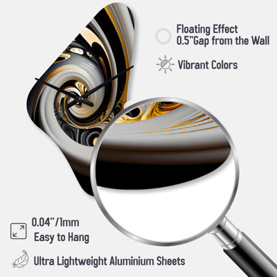 Gold And Black Stained Glass Spiral III - Abstract Spirals Unique Shape Metal Wall Clock, Modern Asymmetrical Wall Clock Print