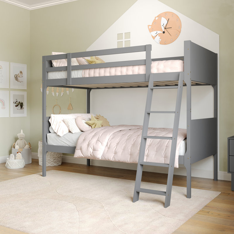 Cadre de lit superposé convertible en bois massif pour enfants avec échelle, sans sommier, Gris
