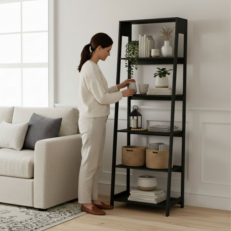 Lavish Home 23.5"L x 16.5"W x 71"H Freestanding 5-Tier Wood Ladder Bookshelf, Black, Black