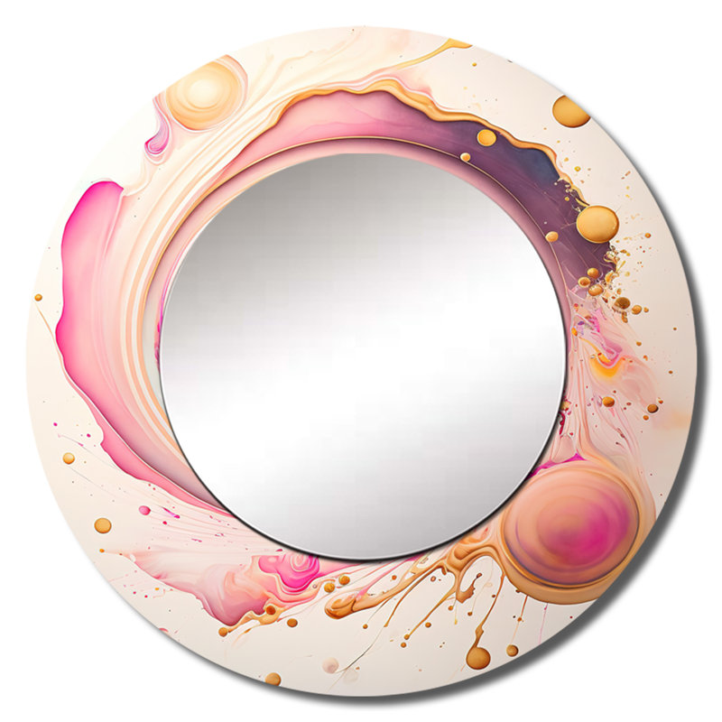 Oryan rose liquide Swirl - miroir décoratif spirales abstraites, miroir mural rond moderne, art imprimé en métal