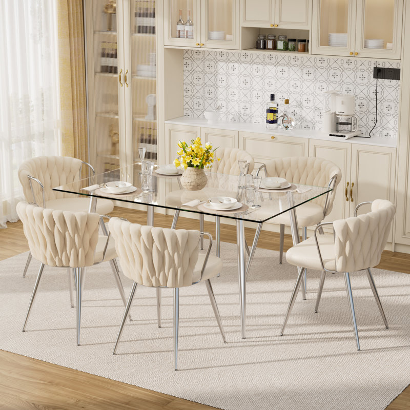 7 - Piece Glass Top Dining Set, 30" H x 51" L x 31.5" W, Beige