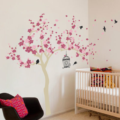 Décalcomanie murale Arbre en fleurs et oiseaux