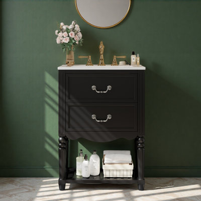 Meuble-lavabo 24 po avec lavabo en céramique, armoire de salle de bain avec deux tiroirs et une tablette ouverte