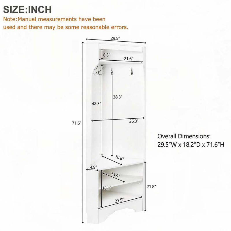 Corner Hall Tree with Shoe Bench with 4 Hooks,Adjustable Shelf, White