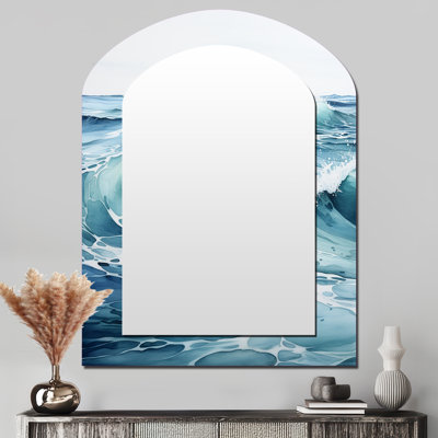 Teal Minimalisme Tranquil Waters - miroir mural décoratif asymétrique minimaliste, miroir arqué bleu sarcelle, impression d'art en métal