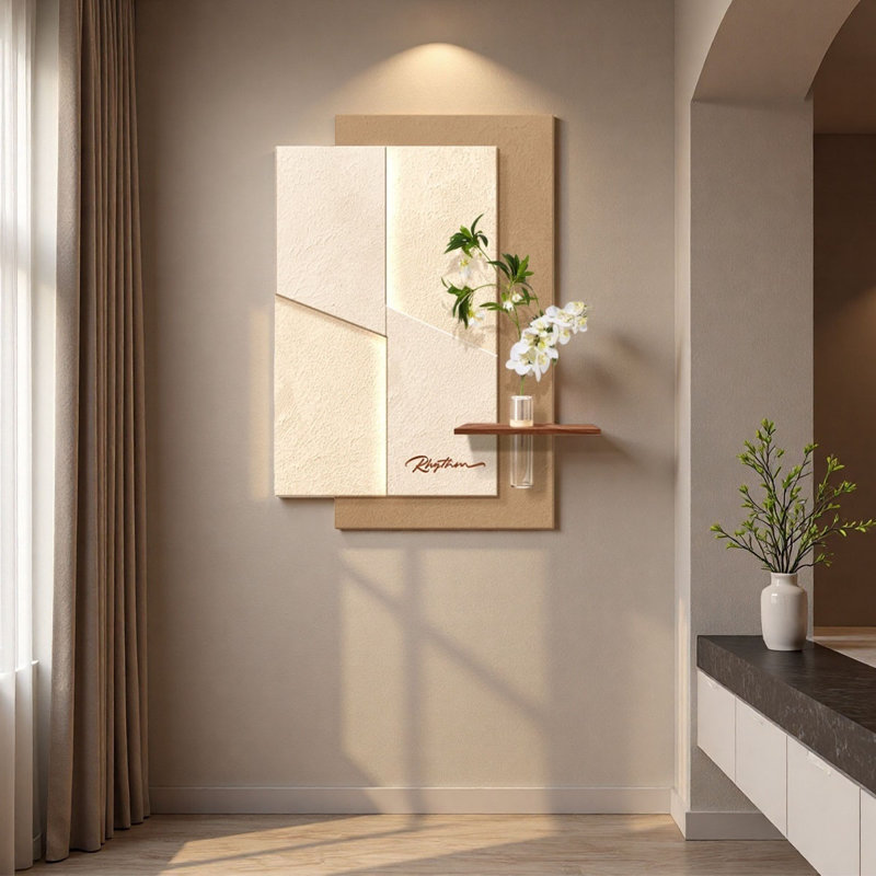 Art mural à DEL en grès crème avec jardinière - couloir d'entrée, H 39,37 po x l 27,56 po x P 3,94 po