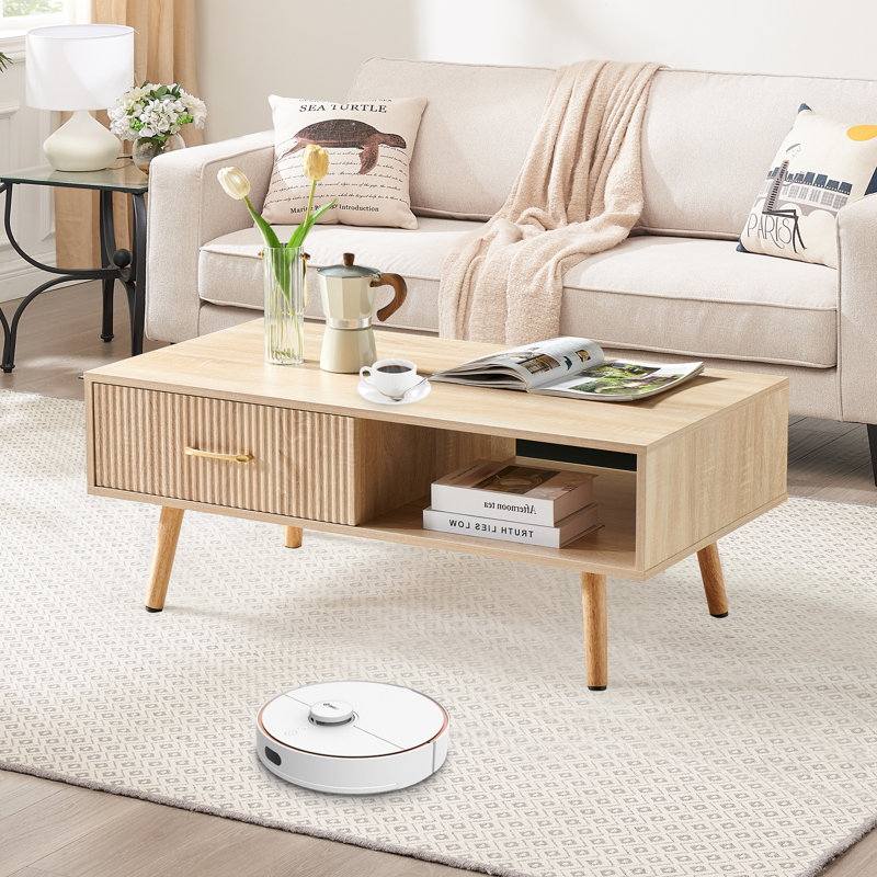 Boho Rectangle Coffee Table with Solid Wood Legs & Sliding Storage Drawer, Modern Living Room or Office Center Table, Natural
