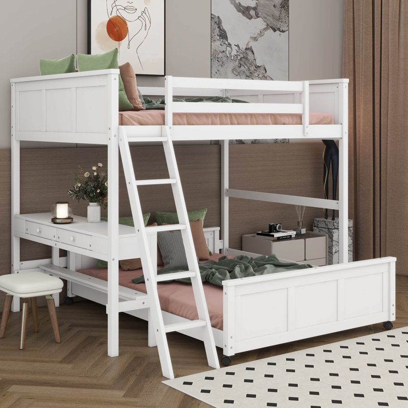 Full Over Full Wooden Bunk Bed Frame With Desk, Safety Guard Rails And Ladder For Kids Teens Adults, Wood Slat Support, White
