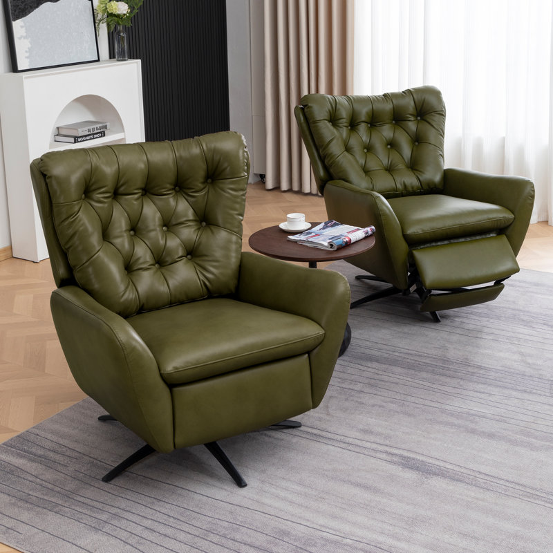 Genuine Leather Swivel Wingback Recliner (Set Of 2), Olive Green