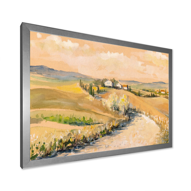 Campagne en Toscane, Italie - reproduction sur toile, H 30 po x l 40 po x P 1,5 po, Cadre photo argenté