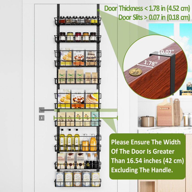 Étagère de rangement pour garde-manger au-dessus de la porte avec 9 paniers réglables, étagère à épices à double usage suspendue ou à fixation murale 9 niveaux, noir