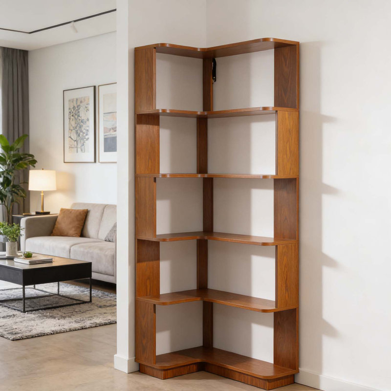 5-Tier L-Shaped Corner Bookshelf for Efficient Storage, Dark Oak