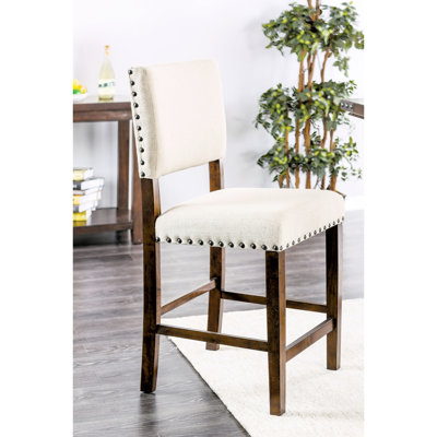 Chaises de salle à manger à hauteur de comptoir de style industriel, 2 pièces, revêtues de tissu avec coussin en lin rembourré et garniture cloutée, bois de cerisier brun massif