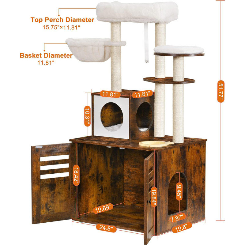 Rustic Brown Wood Cat Tree with Litter Box Enclosure and Feeding Station