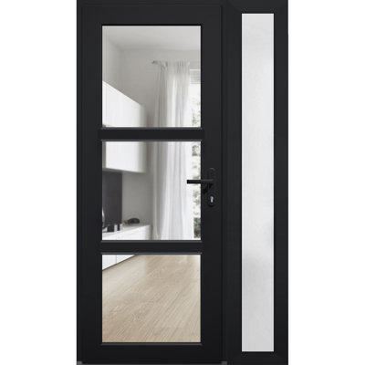 Porte d'entrée extérieure prémontée en PVC-U métal-plastique avec vitrage transparent, modèle Manux 8555 noir mat, fenêtre latérale extérieure, portes d'entrée, portes commerciales et résidentielles, portes de patio, portes de garage - L 30 + 16 x H 80 - Ouverture à droite vers l'intérieur