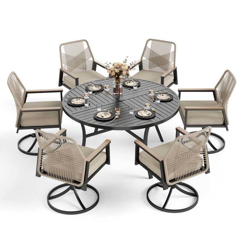 Round Outdoor Dining Set With Swivel Chairs & Cushions, 6