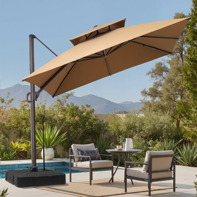 Parasol de patio en porte-à-faux à double sommet 10 pi x 10 pi avec base - déplaçable sans effort par une seule personne