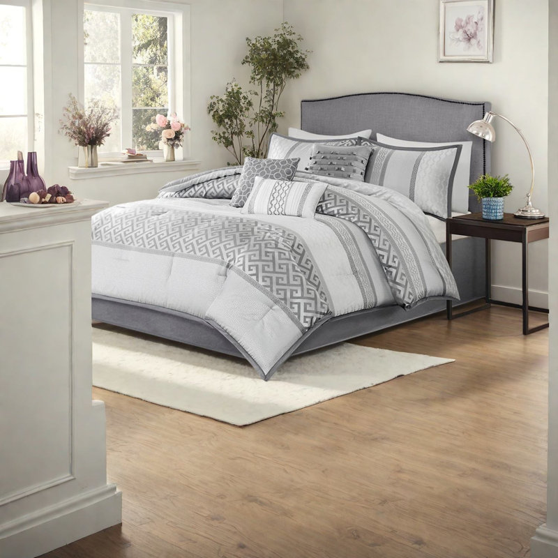 Luxurious 7 Piece Jacquard Bedding Sets, Grey Polyester, Traditional Elegance For Home