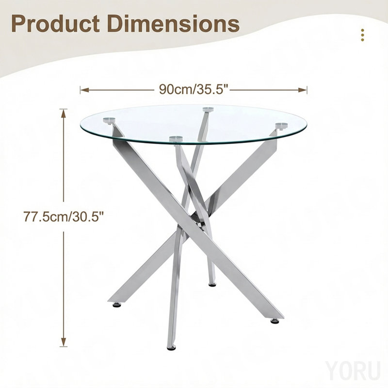 Table de salle à manger ronde, table de salle à manger en verre 35,5 po avec pieds argentés, table de cuisine moderne pour la maison, salle à manger