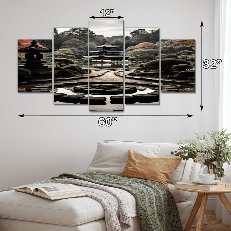  «Japon Art Zen Garden Serenity II - Art mural japonais sur toile - 5 panneaux