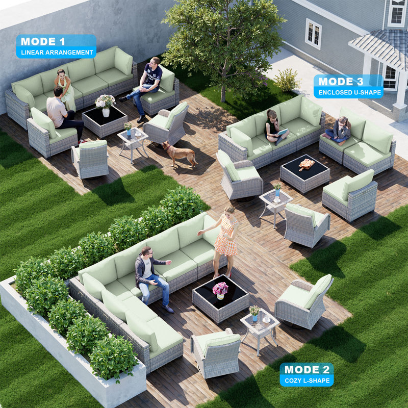 10-Piece Patio Furniture Set, Outdoor Patio Furniture with Swivel Chairs Set, Thick Cushions, Modular Patio Sofa, Dual-Strand Wicker Rattan, Rust-Resistant Frame,