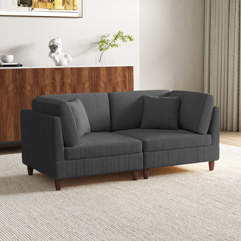 2 - Piece Upholstered Corduroy Modular Sectional with Pillow Back and Solid Wood Legs, Grey
