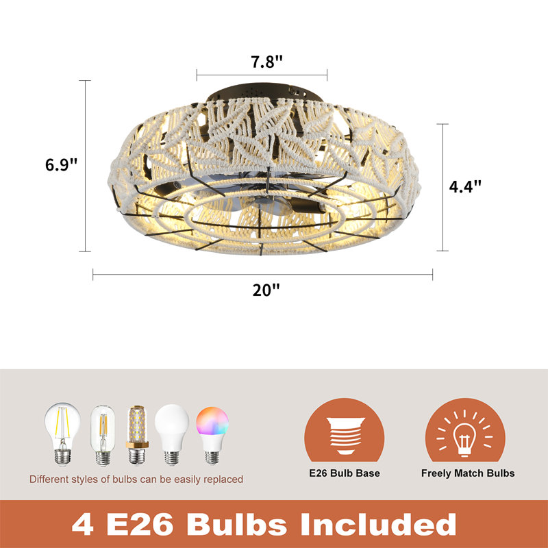 19.6''Handwoven Boho Ceiling Fan with Light,Rattan Caged Ceiling Fans with Lights and Remote Control Flush Mount Low Profile Enclosed 6 Speeds Fandelier for Bedroom,Living Room,Dining Room(4 E26 Bulbs Included)