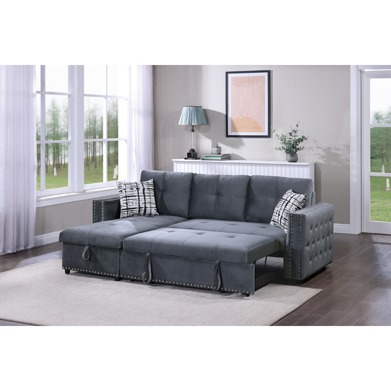 Convertible Sectional Sofa Pull out Bed, Velvet Gray