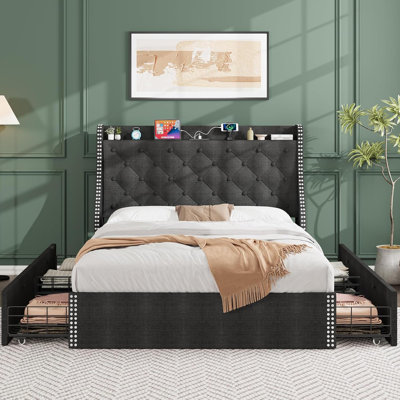 Upholstered Platform Bed Frame with Storage Drawers - Queen Size, Wingback Button Tufted Headboard, Built-in Charging Station (USB & Type-C), Heavy Duty, No Box bloom Needed, Noise-Free, Easy Assembly, Grey, Specification: WR02Q