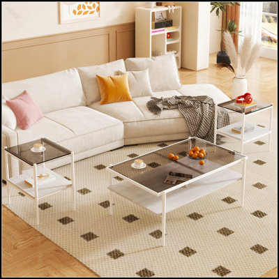 Ensemble de 3 tables basses et tables de bout modernes en verre trempé avec rangement en panneau de fibres à densité moyenne, pour un salon élégant