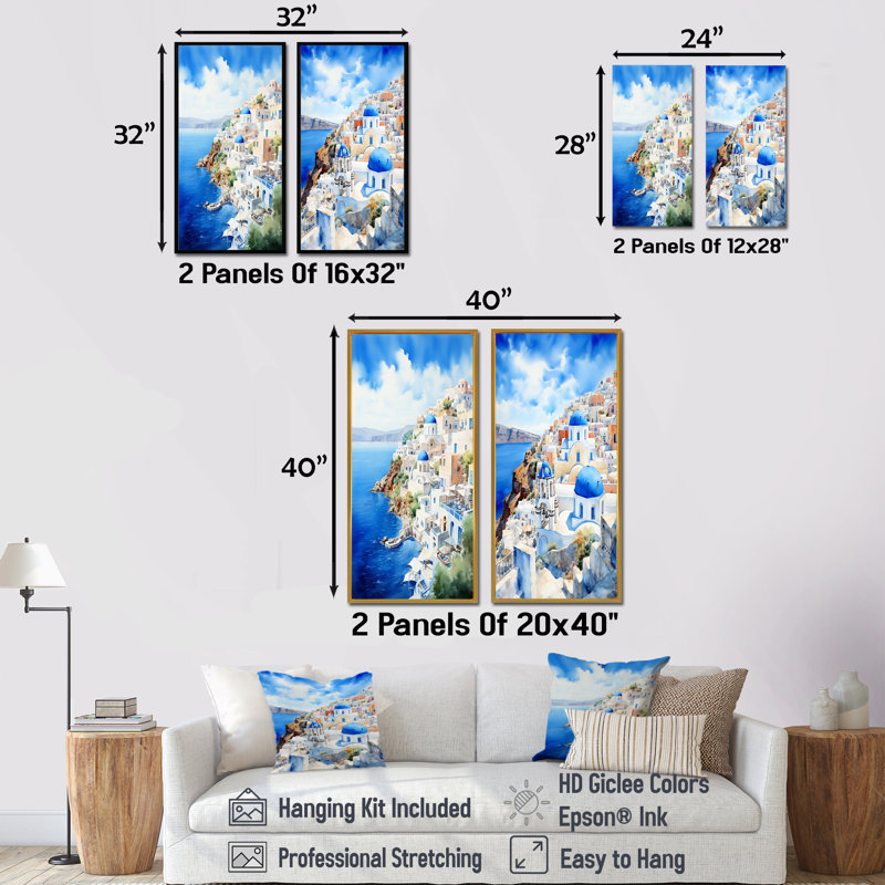 Village côtier de Santorin en Grèce I - Grèce, ensemble de 2 impressions sur toile, Cadre blanc, H 32 po x l 33 po