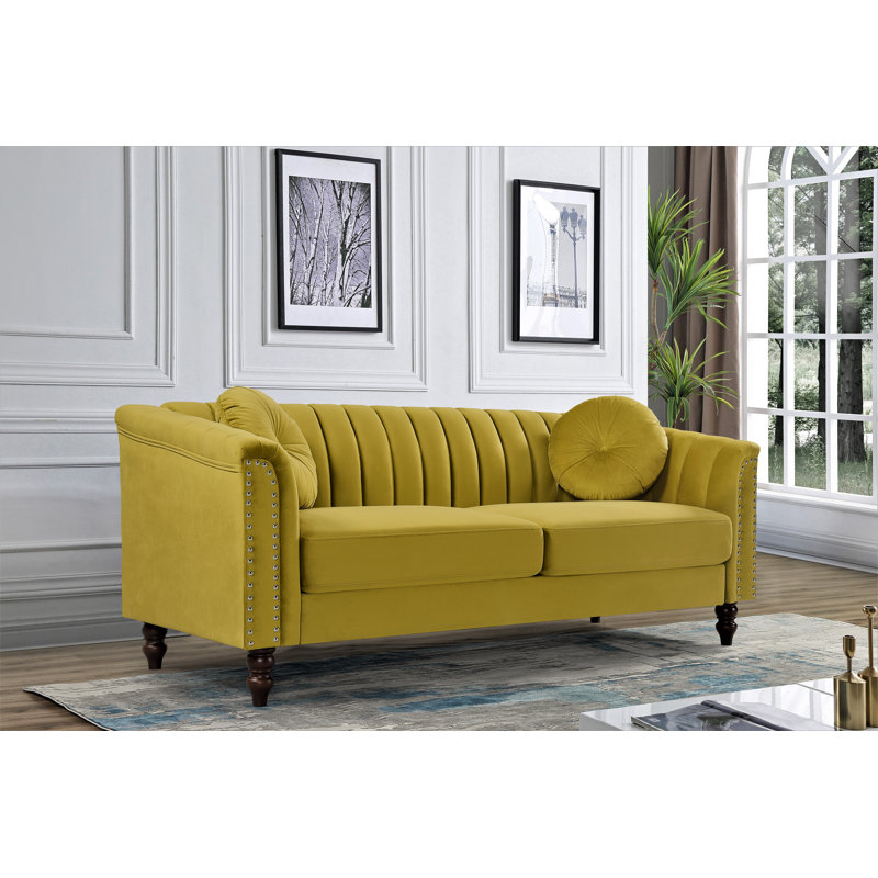 Canapé Chesterfield 75,2 po, Velours jaune verdâtre