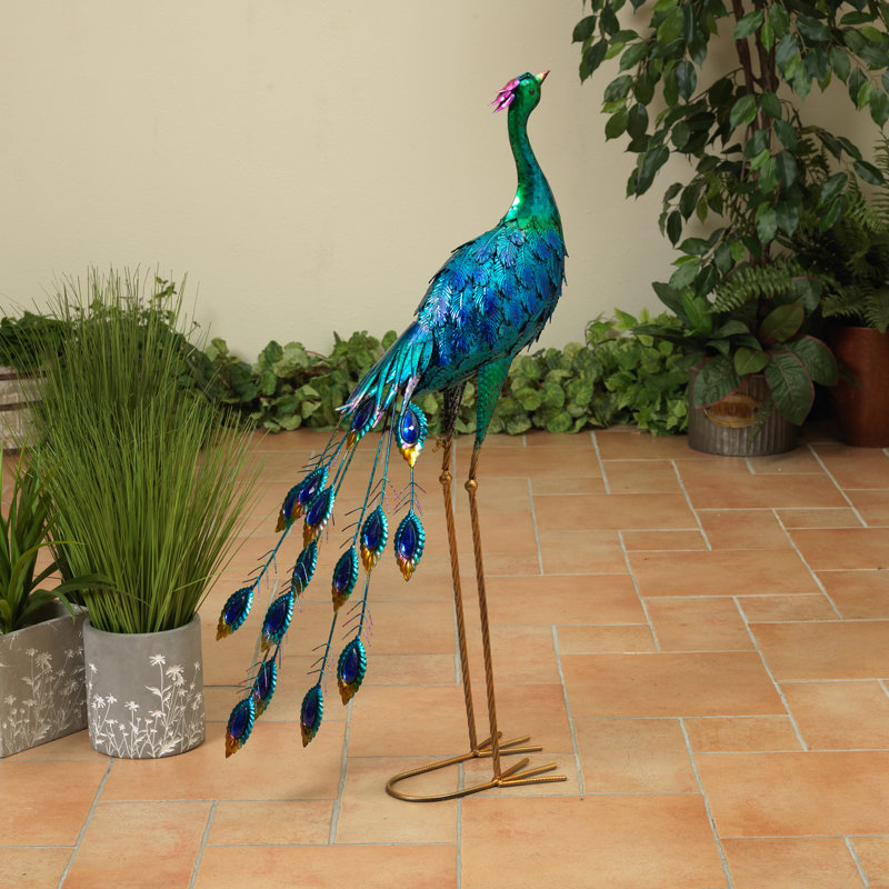35-Inch Regal Metal Peacock Figurine – Vibrant Multi-Color Garden Statue with Iridescent Plumage