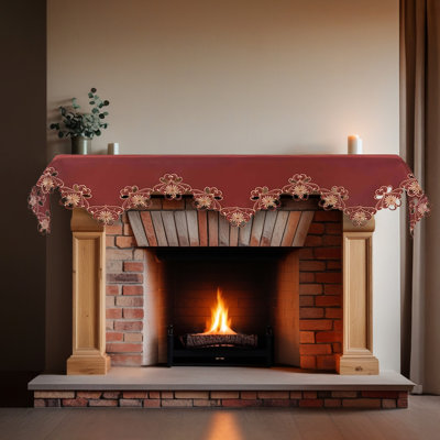 Decozen Gold Lace Red Mantel Scarf with Intricate Embroidery for Fireplace, Table, and Christmas Decor