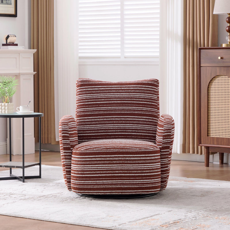 360° Swivel Leisure Chair Fabric Striped Armrest Swivel Chair With Sand-Rimmed Fabric And Metal Bracket, Red