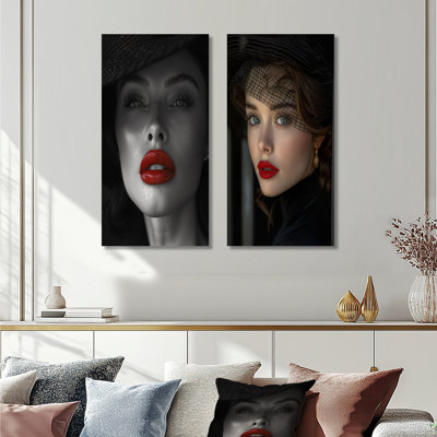 «Black and White Woman with Red Lips I - Glam», ensemble de 2 reproductions d'art mural en métal