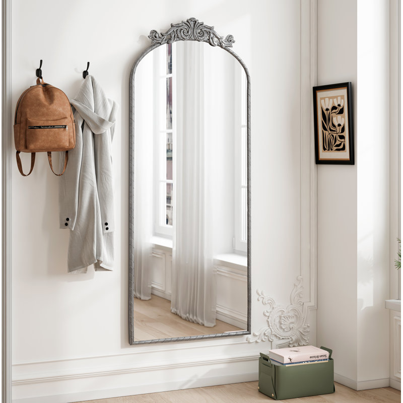 58"x24" Arched Full Body Mirror with Vintage Ornate Carved Applique on Top, Hanging Wall Mounted Mirror, for Living Room Bedroom Retro Home Decor Mirror, Bronze
