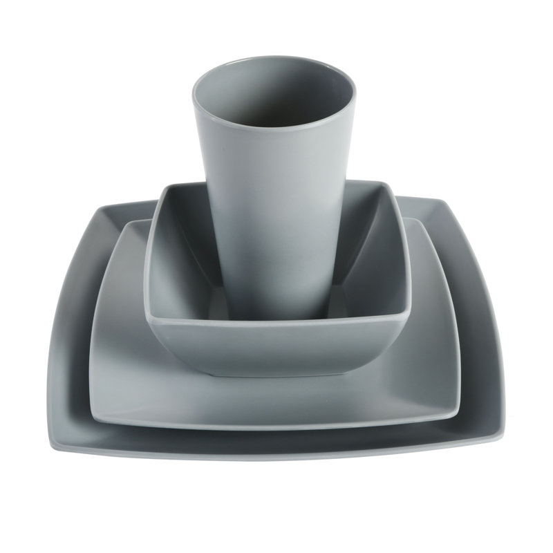 Grey Square Melamine 16-Piece Dinnerware Set, Service for 4