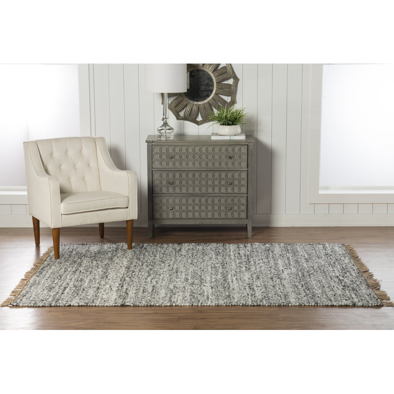 Korbin Berber Reversible Natural and Black Wool Area Rug with Jute Core and Jute Fringe, Rectangle 5'3" x 7'6"