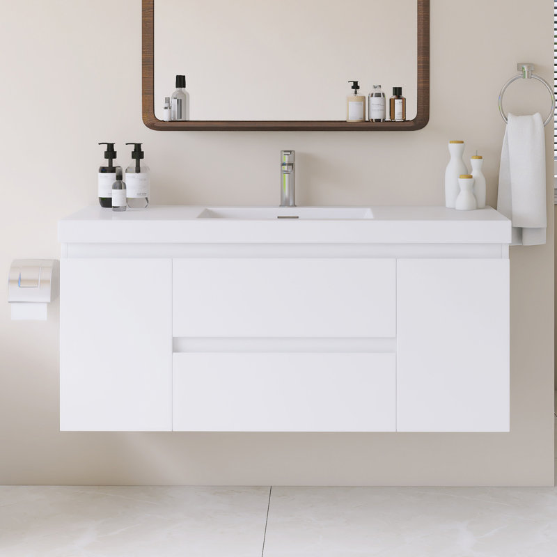 Meuble-lavabo mural simple 48 po avec plateau en résine intégré blanc, Blanc, 48"