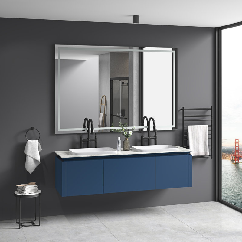Miroir de salle de bain 84 po x 48 po à DEL avec façade et rétroéclairage, miroir de meuble-lavabo mural avec cadre en aluminium, antibuée, mémoire, 3 couleurs, gradation continue
