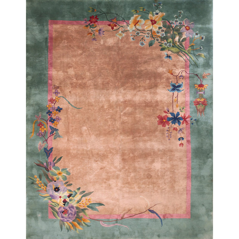 Tapis rectangulaire chinois en laine noué à la main Art déco ivoire des années 1920