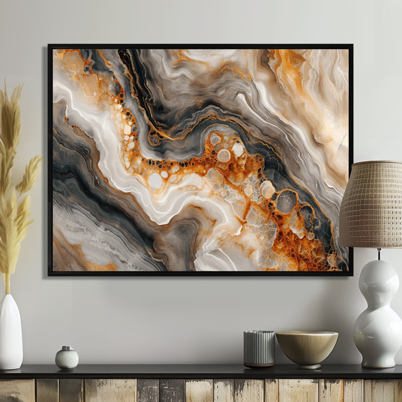 «Slab Structures Orange Grey Agate - Marble Wall Art Living Room», H 12 po x l 20 po x P 1 po, Toile avec cadre flottant noir