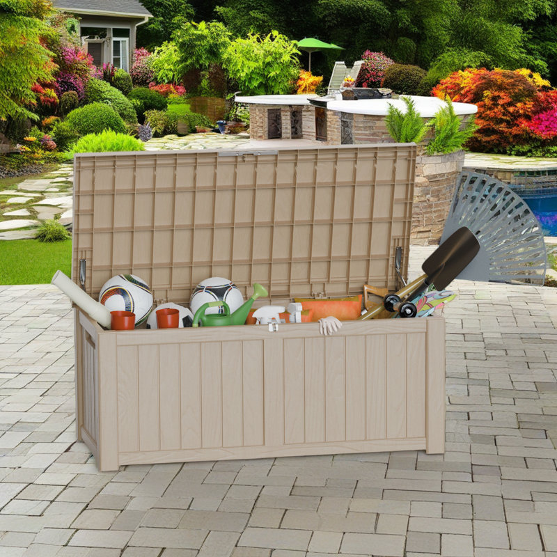 Light Brown Lockable Plastic Wicker Deck Box 120 Gallons