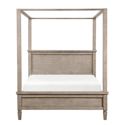 Classic Gray Oak King Canopy Bed, Transitional Style, Removable Canopy, Bedroom Piece With Headboard, And Rails, Praised Bed Finish Furniture Slats, No Box Spring, First - Class
