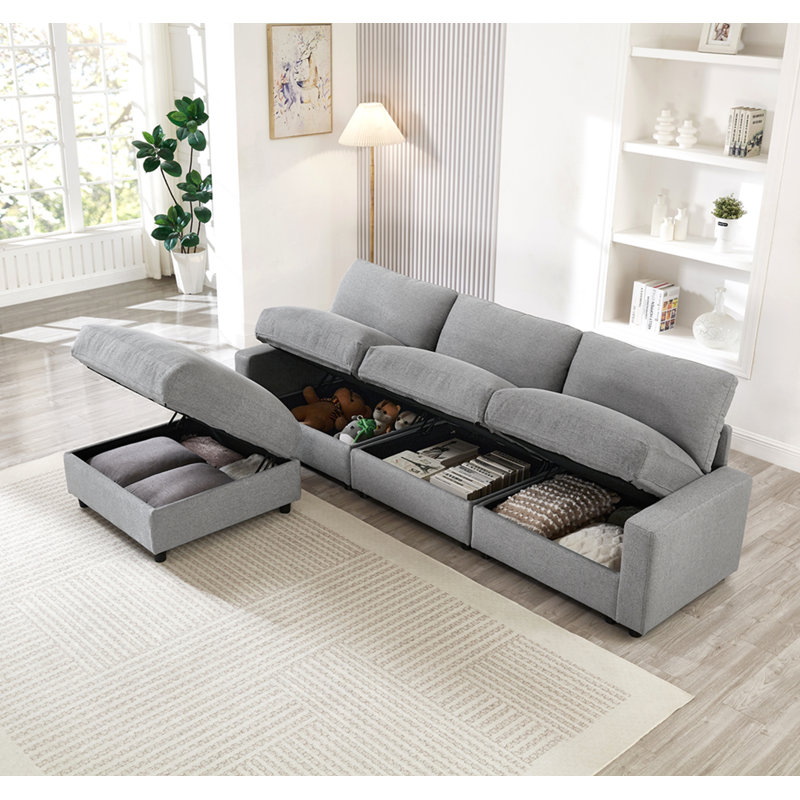 Canapé modulaire modulaire, ensemble de canapé en forme de L de 103 pouces pour le salon, canapé convertible 3 places avec repose-pieds mobile, ensemble de bricolage, 3 rangements, tissu en polyester (gris)